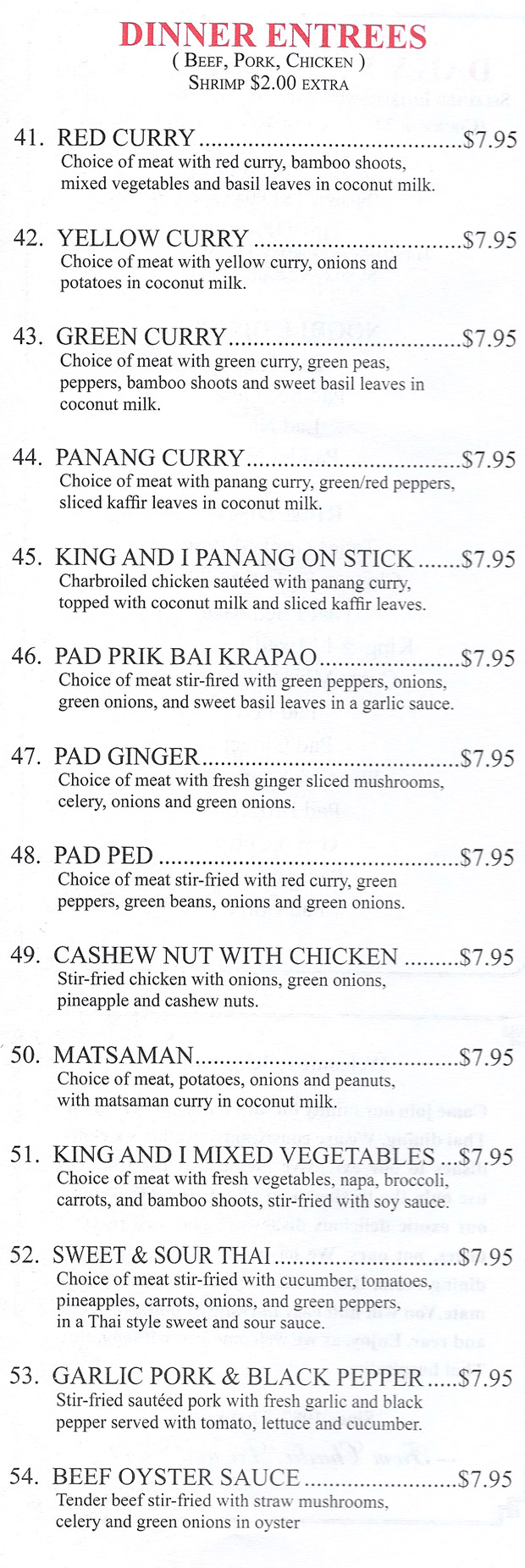 Menu for King & I Thai Restaurant in oak park, Illinois