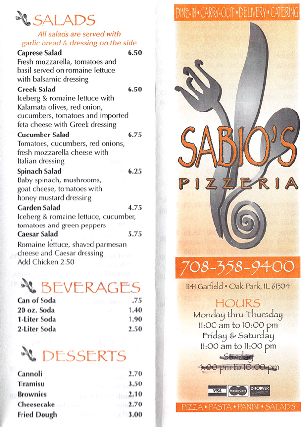 Menu for Sabio’s Pizza in oak park, Illinois
